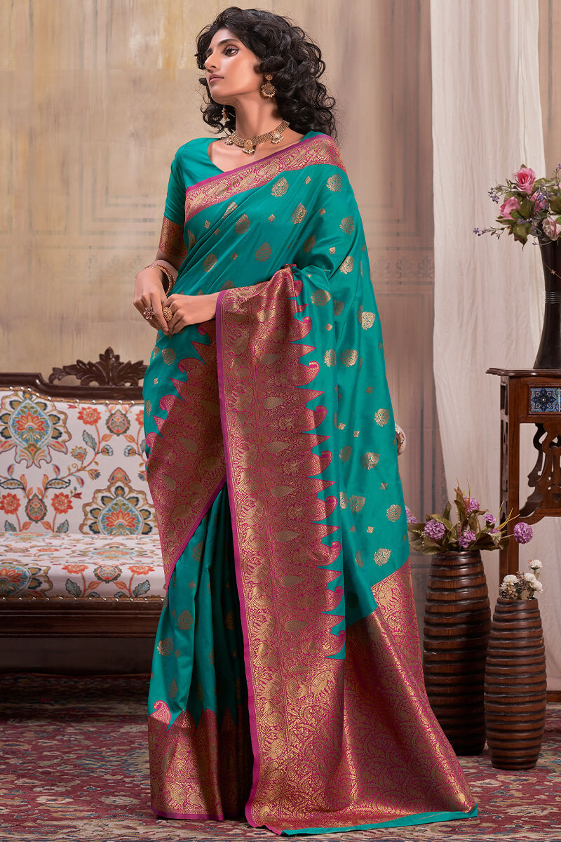 Ratatouille Rama Soft Banarasi Silk Saree With Staggering Blouse Piece