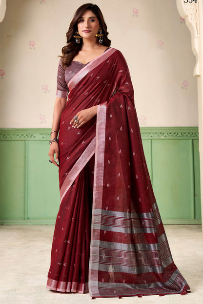 Fairytale Maroon Cotton Silk Saree With Woebegone Blouse Piece