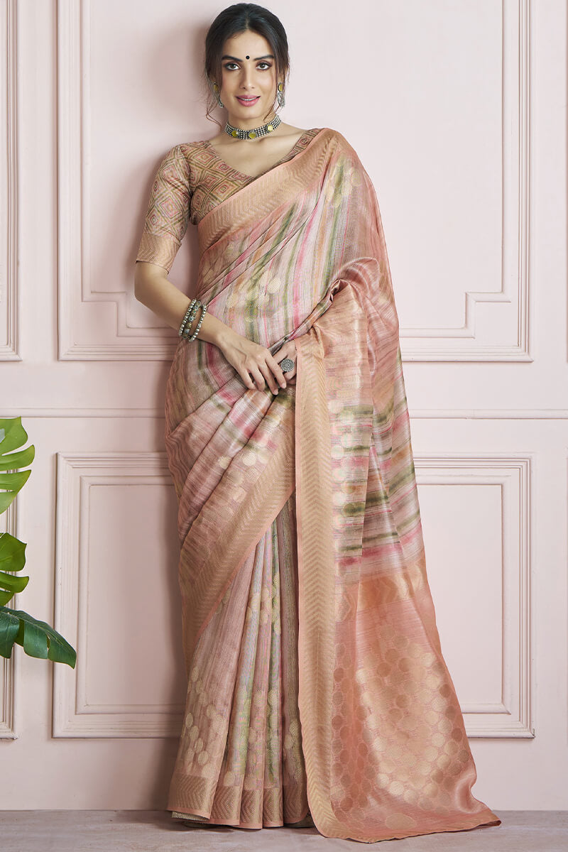 Mesmerising Pink Digital Printed Khadi Silk Saree With Refreshing Blouse Piece