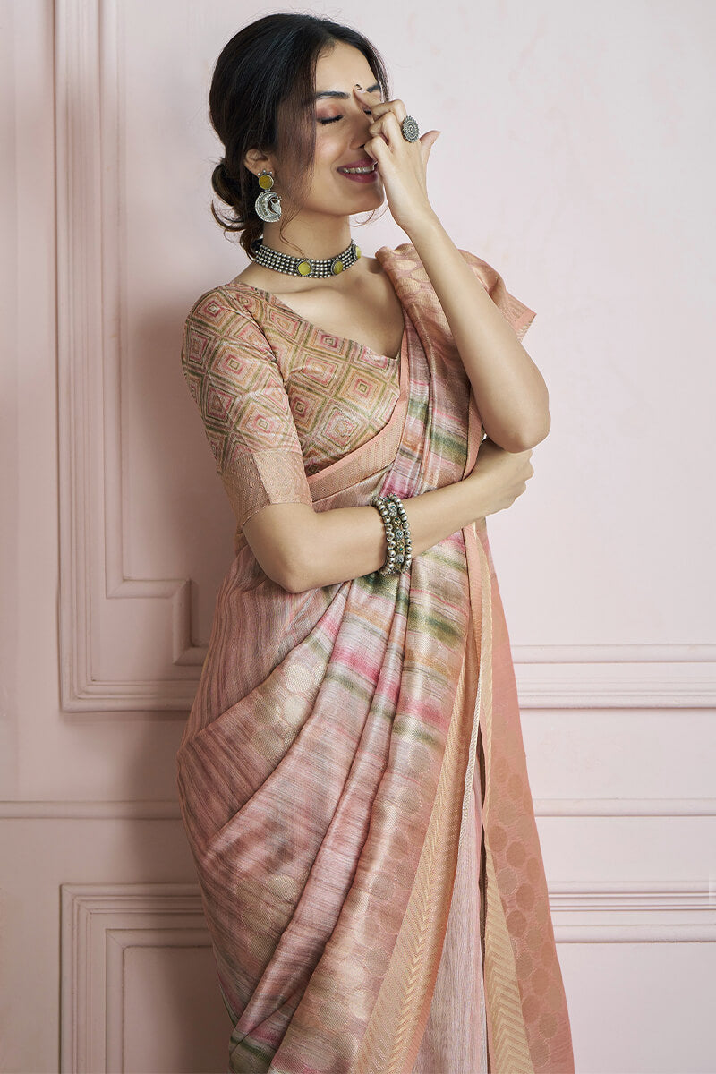 Mesmerising Pink Digital Printed Khadi Silk Saree With Refreshing Blouse Piece