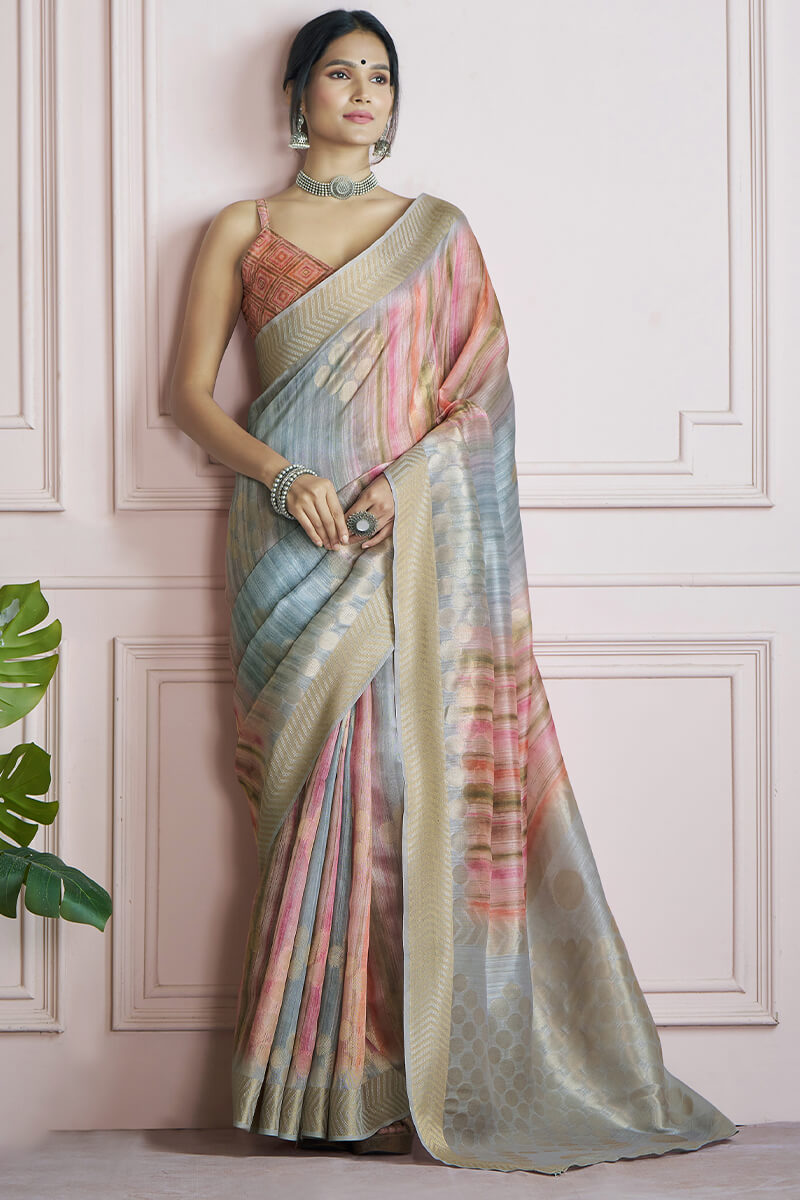 Enthralling Multicolor Digital Printed Khadi Silk Saree With Staring Blouse Piece