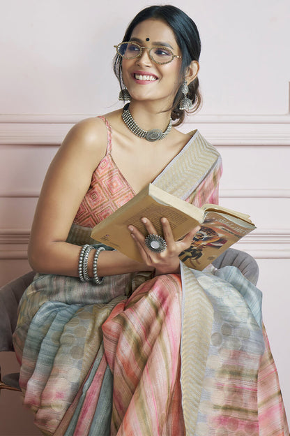 Enthralling Multicolor Digital Printed Khadi Silk Saree With Staring Blouse Piece