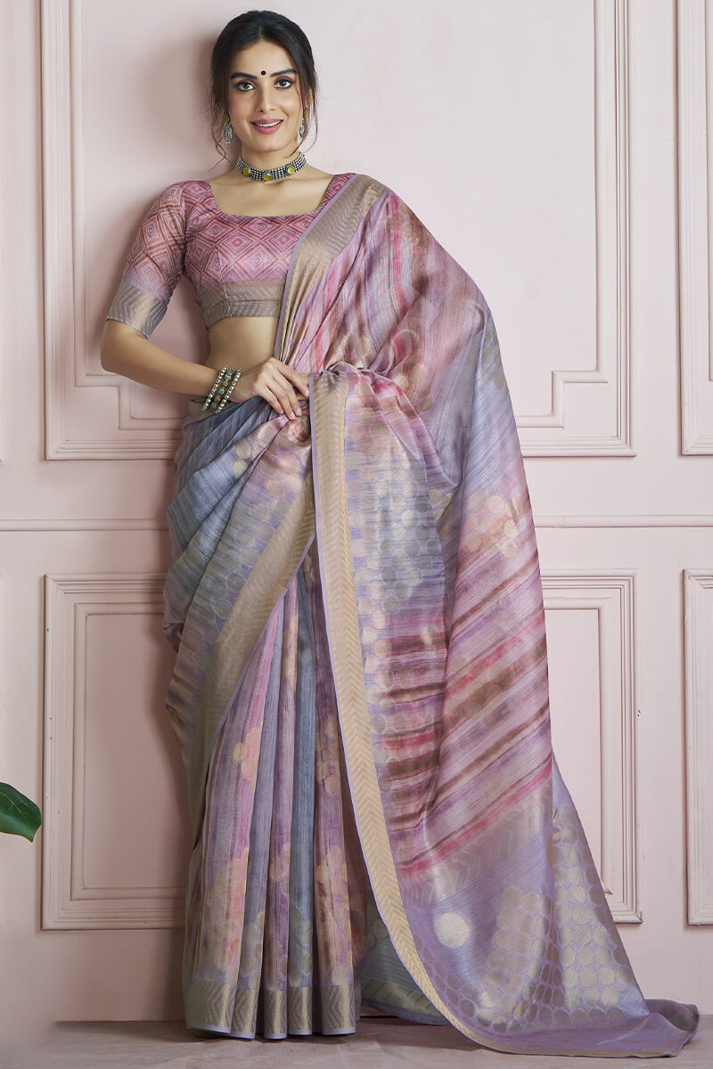 Incredible Lavendor Digital Printed Khadi Silk Saree With Effervescent Blouse Piece