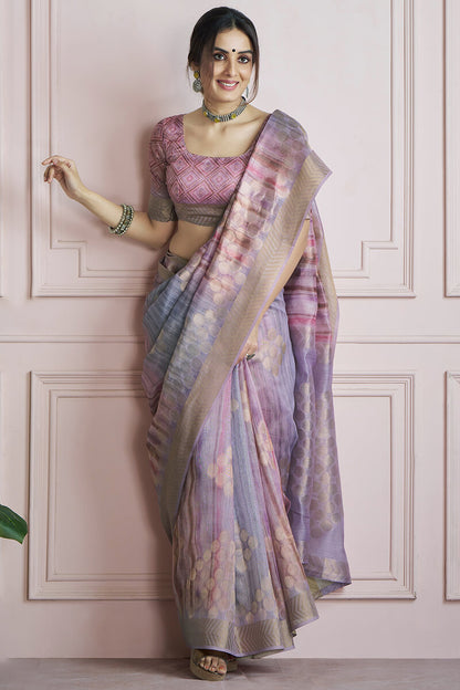 Incredible Lavendor Digital Printed Khadi Silk Saree With Effervescent Blouse Piece