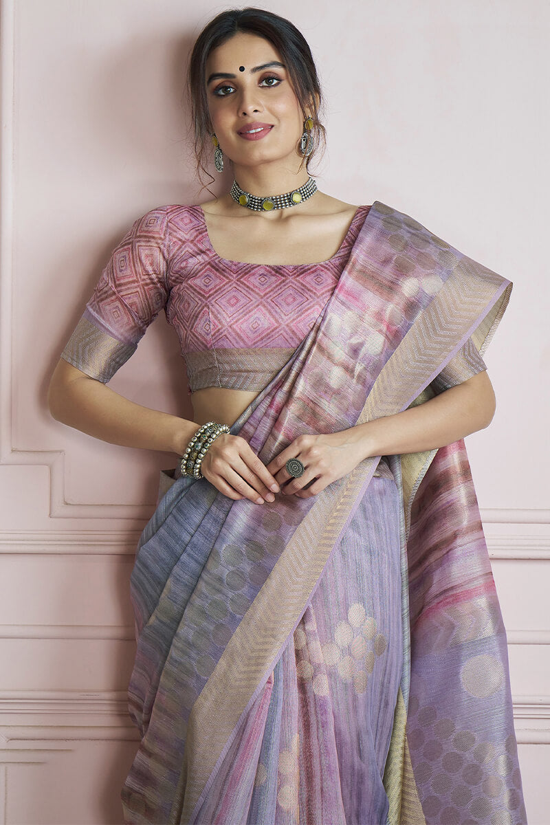 Incredible Lavender Digital Printed Khadi Silk Saree With Effervescent Blouse Piece
