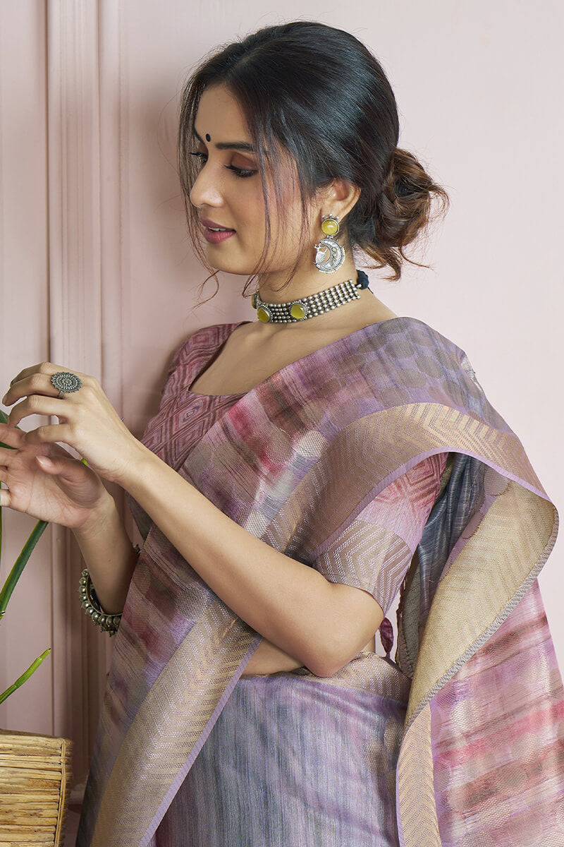Incredible Lavendor Digital Printed Khadi Silk Saree With Effervescent Blouse Piece