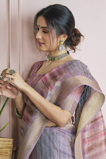Incredible Lavendor Digital Printed Khadi Silk Saree With Effervescent Blouse Piece