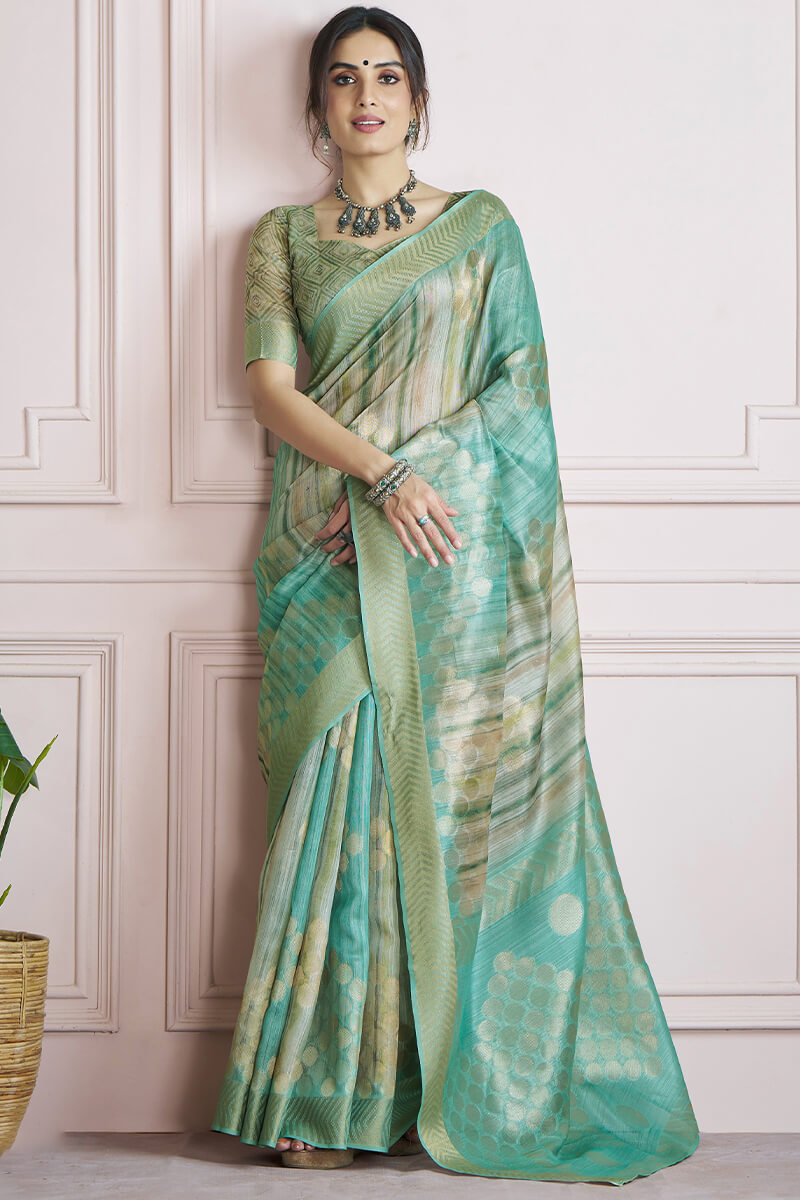 Extraordinary Sea Green Digital Printed Khadi Silk Saree With Impressive Blouse Piece