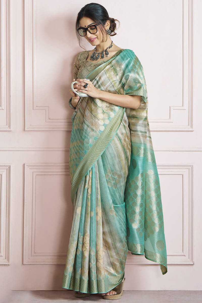Extraordinary Sea Green Digital Printed Khadi Silk Saree With Impressive Blouse Piece
