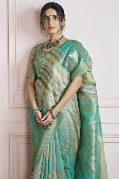 Extraordinary Sea Green Digital Printed Khadi Silk Saree With Impressive Blouse Piece