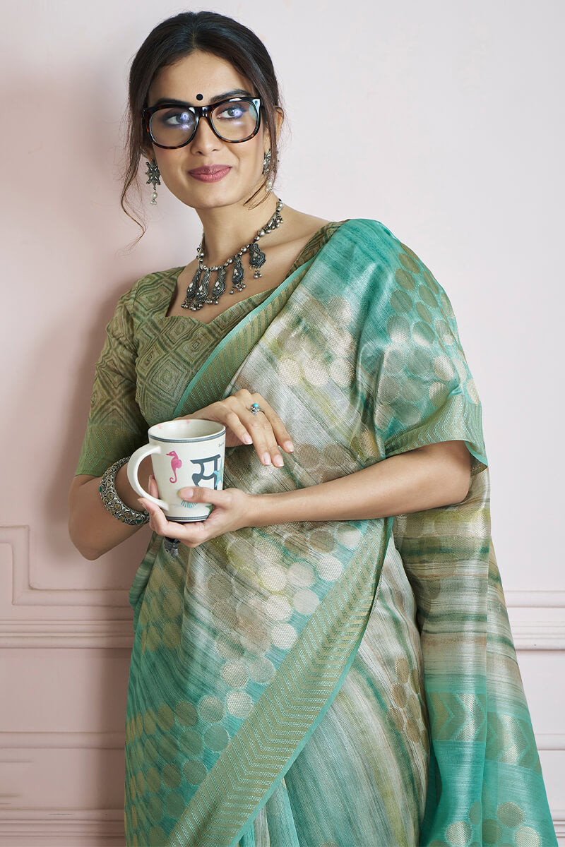 Extraordinary Sea Green Digital Printed Khadi Silk Saree With Impressive Blouse Piece