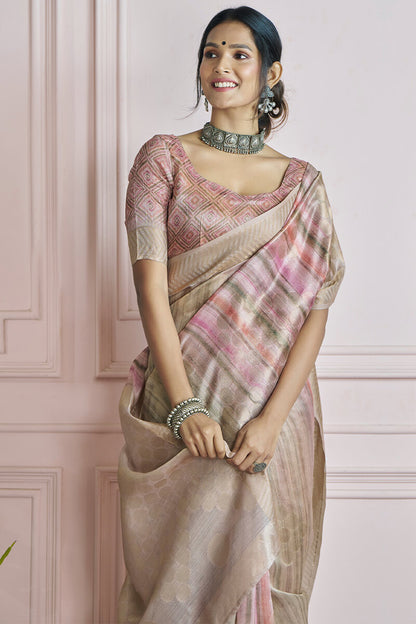 Ornate Sea Green Digital Printed Khadi Silk Saree With Engaging Blouse Piece