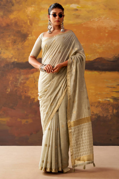 Embellished Grey Cotton Silk Saree With Evanescent Blouse Piece