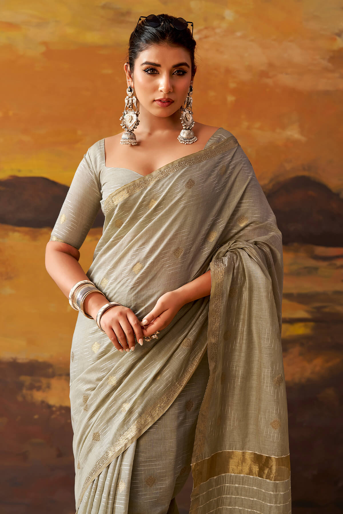 Embellished Grey Cotton Silk Saree With Evanescent Blouse Piece