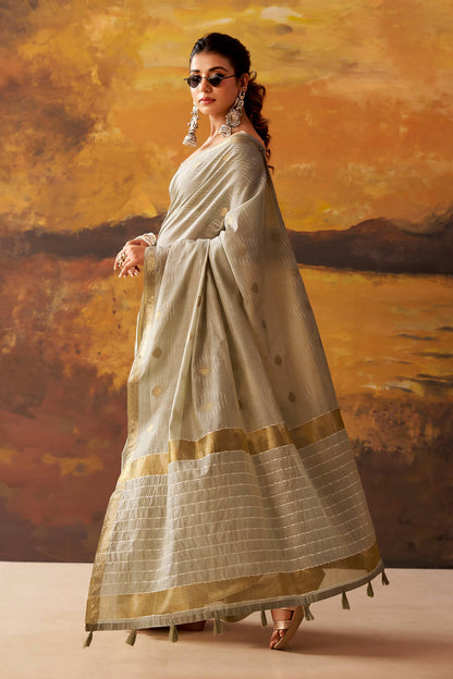 Embellished Grey Cotton Silk Saree With Evanescent Blouse Piece