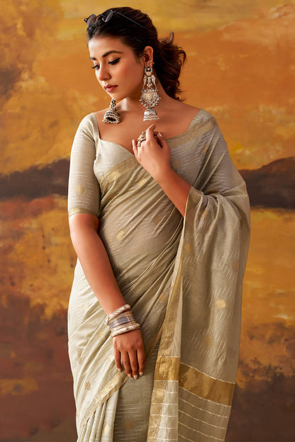 Embellished Grey Cotton Silk Saree With Evanescent Blouse Piece