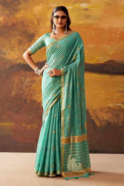 Ideal Sea Green Cotton Silk Saree With Surreptitious Blouse Piece