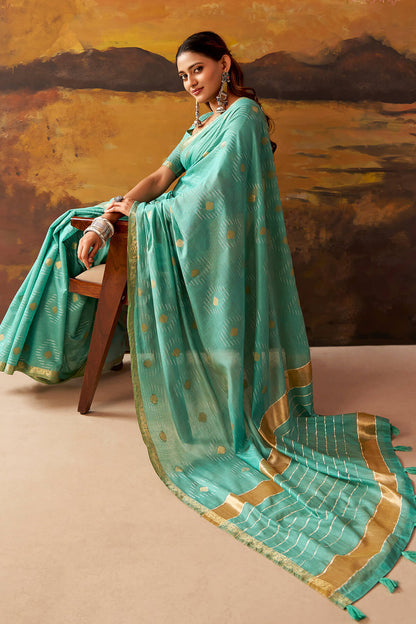 Ideal Sea Green Cotton Silk Saree With Surreptitious Blouse Piece