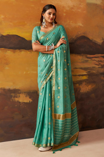 Ideal Sea Green Cotton Silk Saree With Surreptitious Blouse Piece