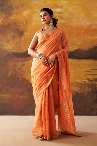 Confounding Orange Cotton Silk Saree With Pretty Blouse Piece