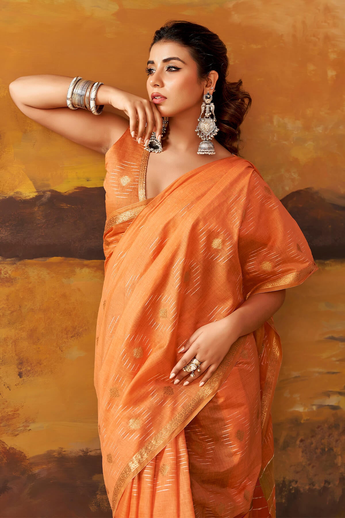 Confounding Orange Cotton Silk Saree With Pretty Blouse Piece