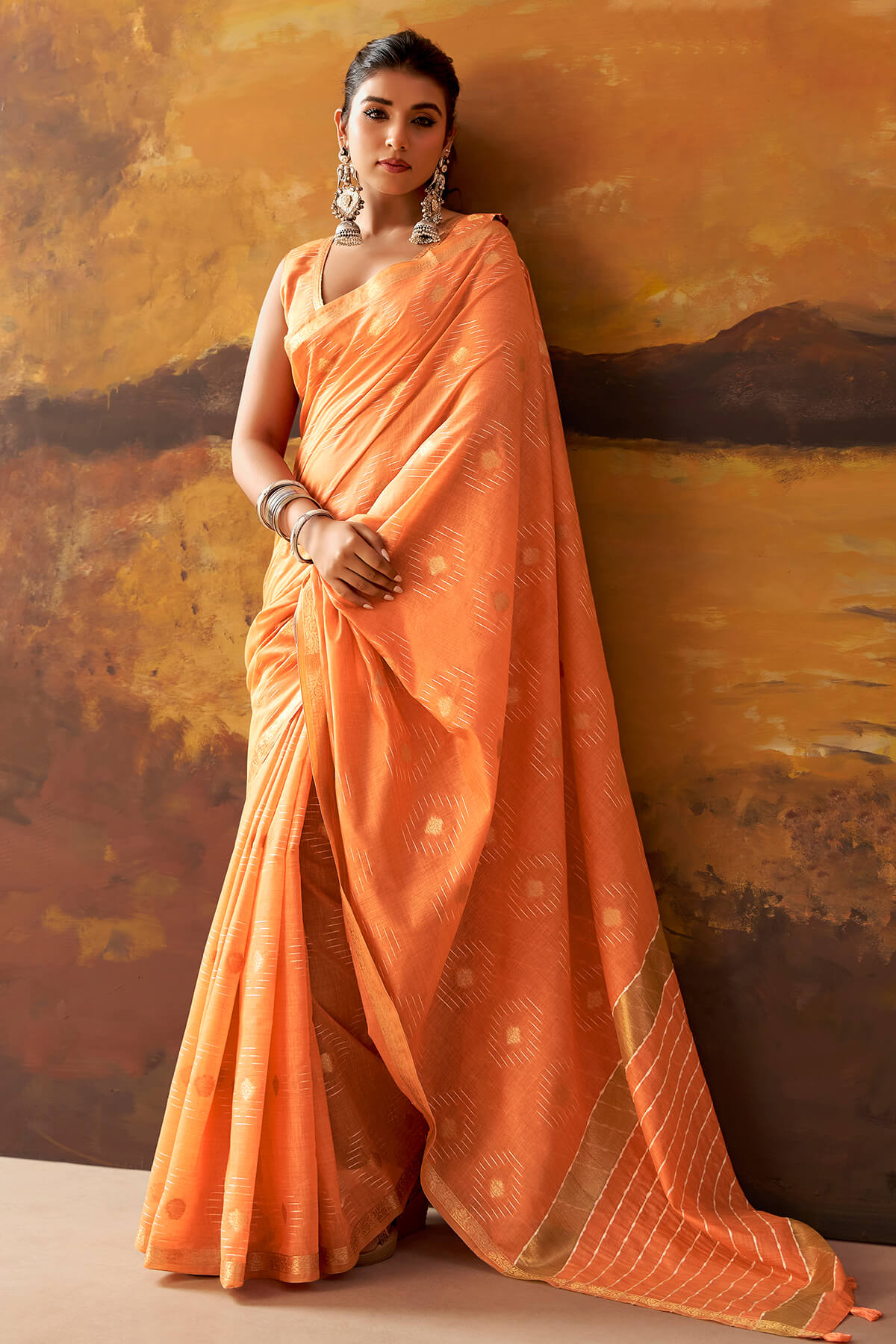Confounding Orange Cotton Silk Saree With Pretty Blouse Piece