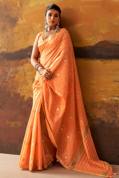 Confounding Orange Cotton Silk Saree With Pretty Blouse Piece