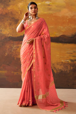 Ephemeral Red Cotton Silk Saree With Skinny Blouse Piece