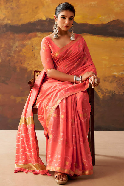 Ephemeral Red Cotton Silk Saree With Skinny Blouse Piece