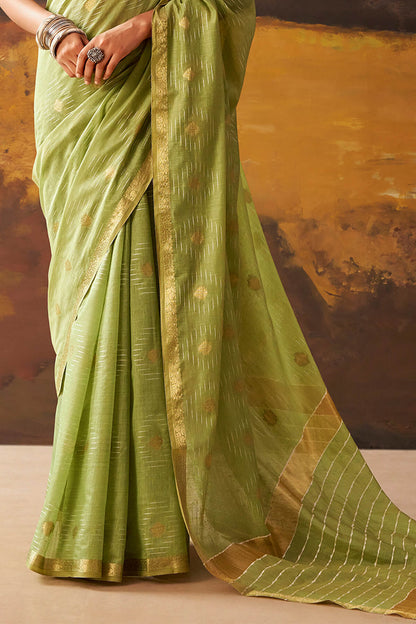 Delectable Green Cotton Silk Saree With Elaborate Blouse Piece