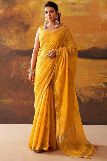 Ethnic Yellow Cotton Silk Saree With Admirable Blouse Piece