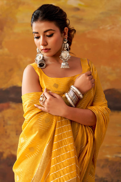 Ethnic Yellow Cotton Silk Saree With Admirable Blouse Piece
