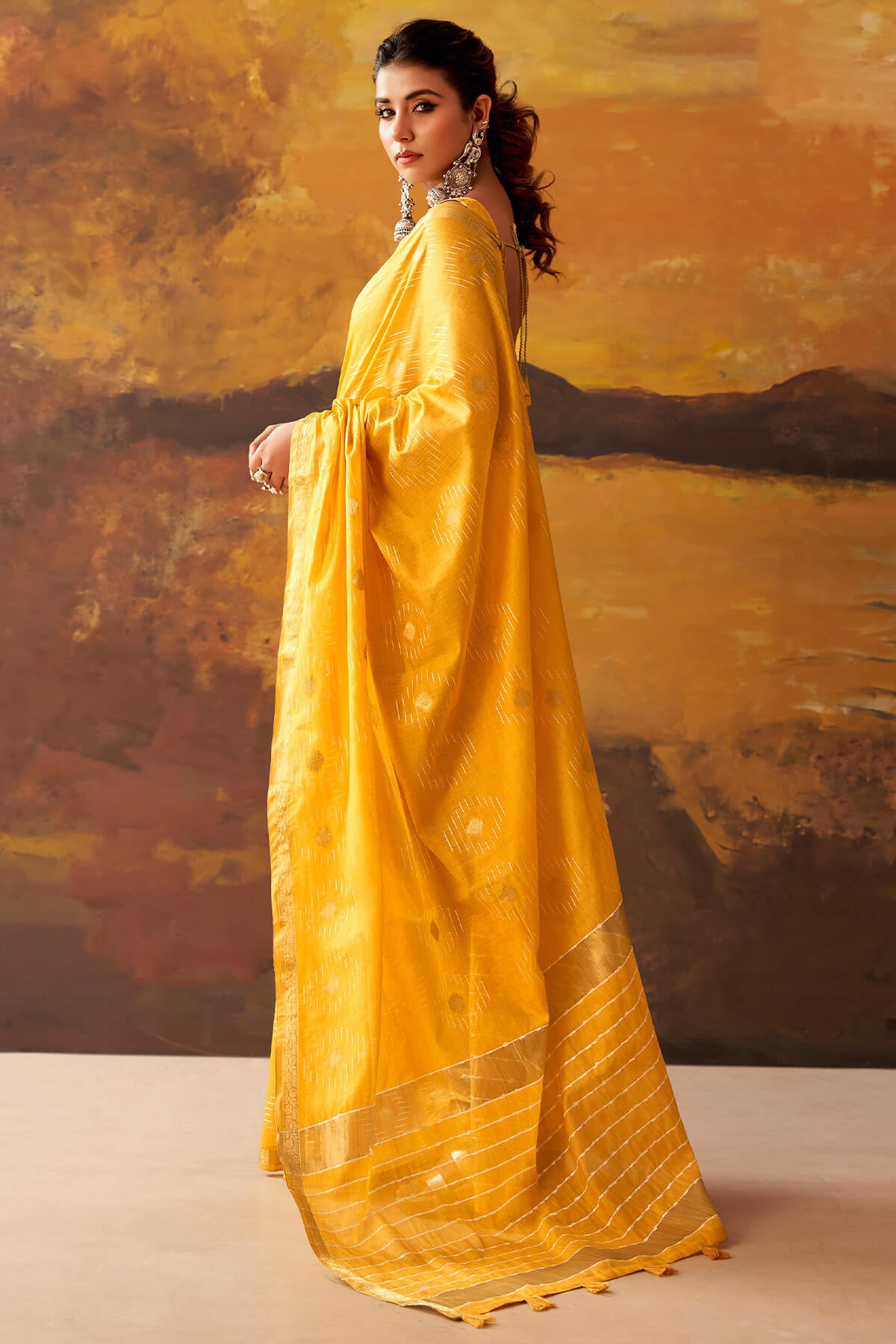 Ethnic Yellow Cotton Silk Saree With Admirable Blouse Piece