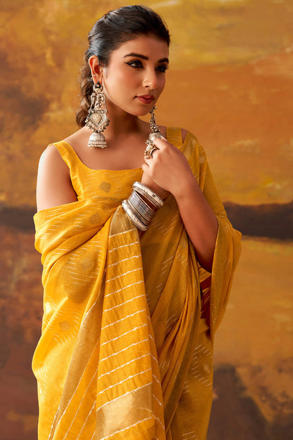 Ethnic Yellow Cotton Silk Saree With Admirable Blouse Piece