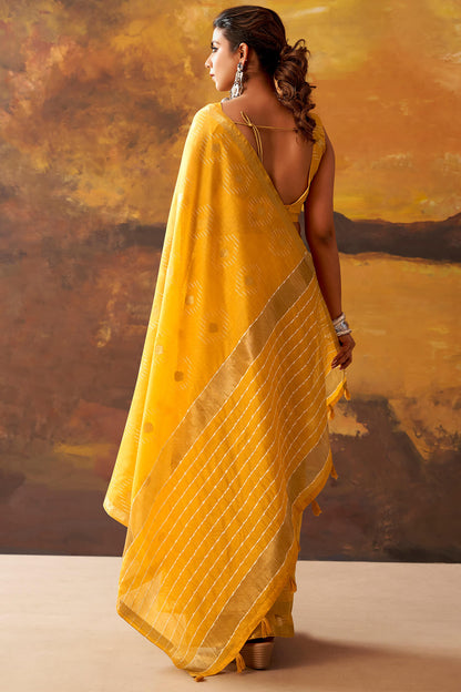Ethnic Yellow Cotton Silk Saree With Admirable Blouse Piece