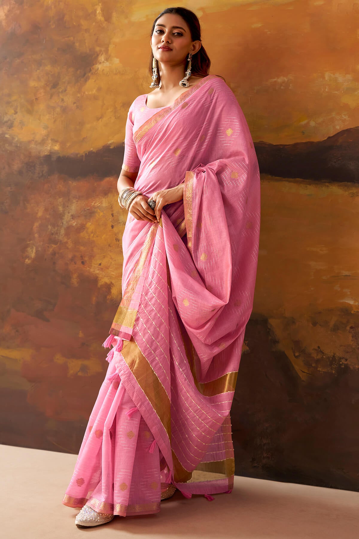 Artistic Pink Cotton Silk Saree With Charming Blouse Piece