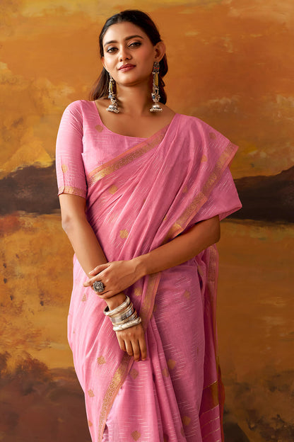 Artistic Pink Cotton Silk Saree With Charming Blouse Piece