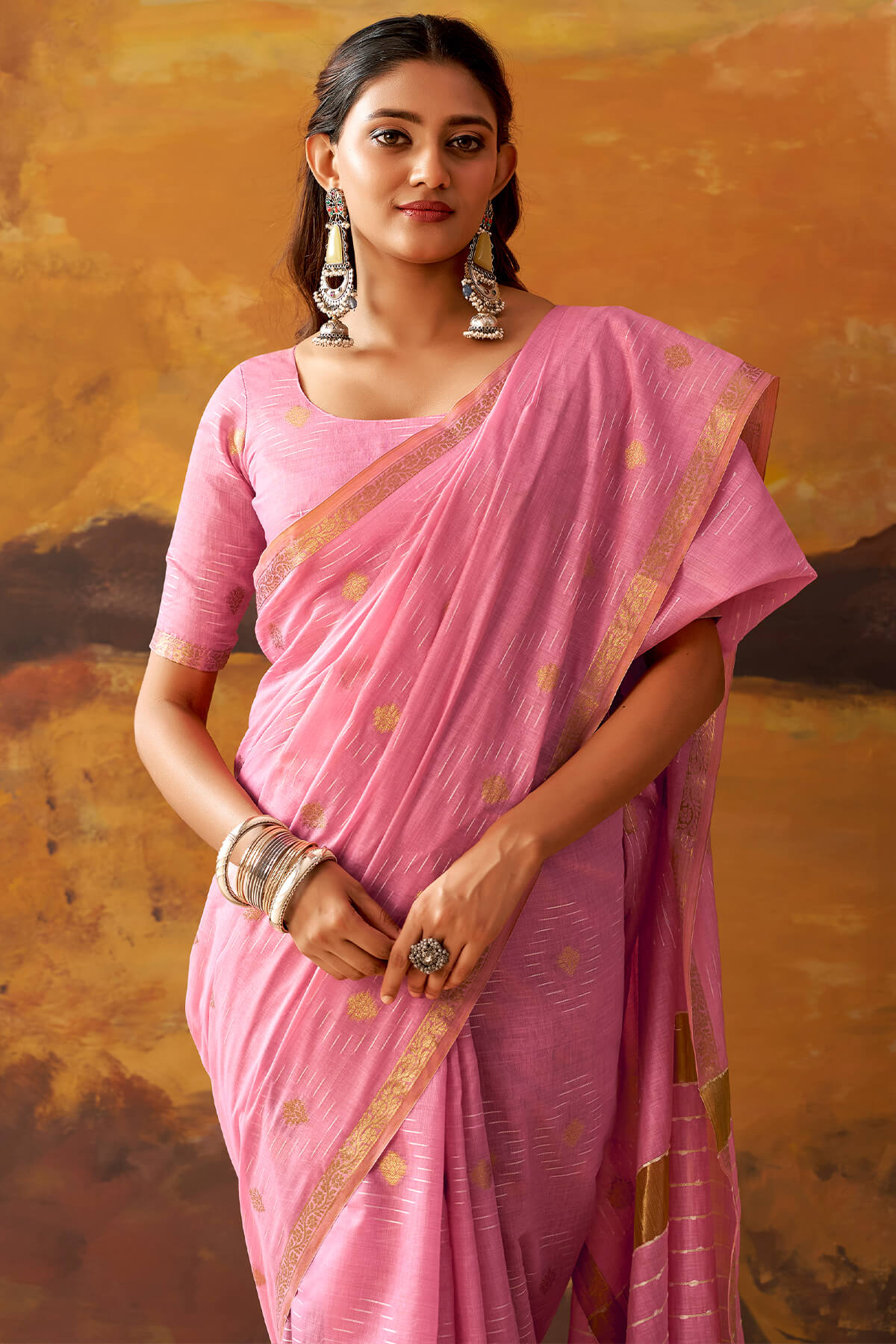 Artistic Pink Cotton Silk Saree With Charming Blouse Piece