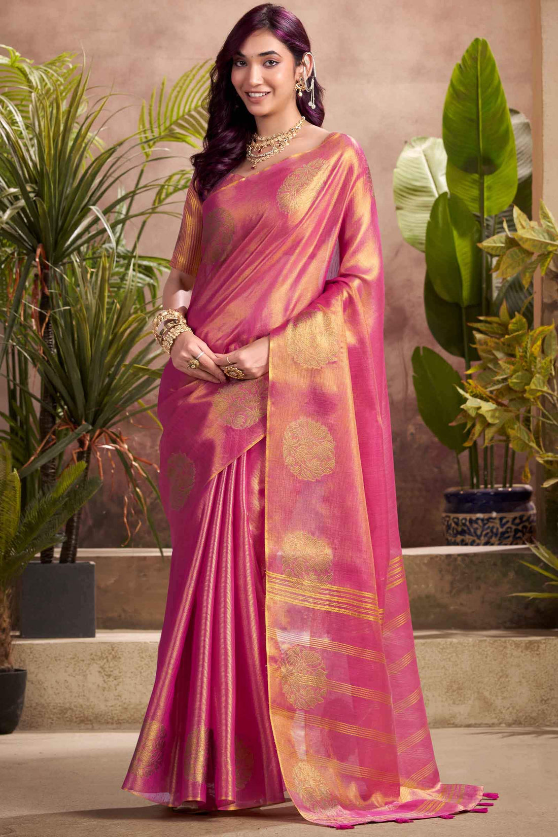Bucolic Pink Soft Banarasi Tissue Silk Saree With Opulent Blouse Piece