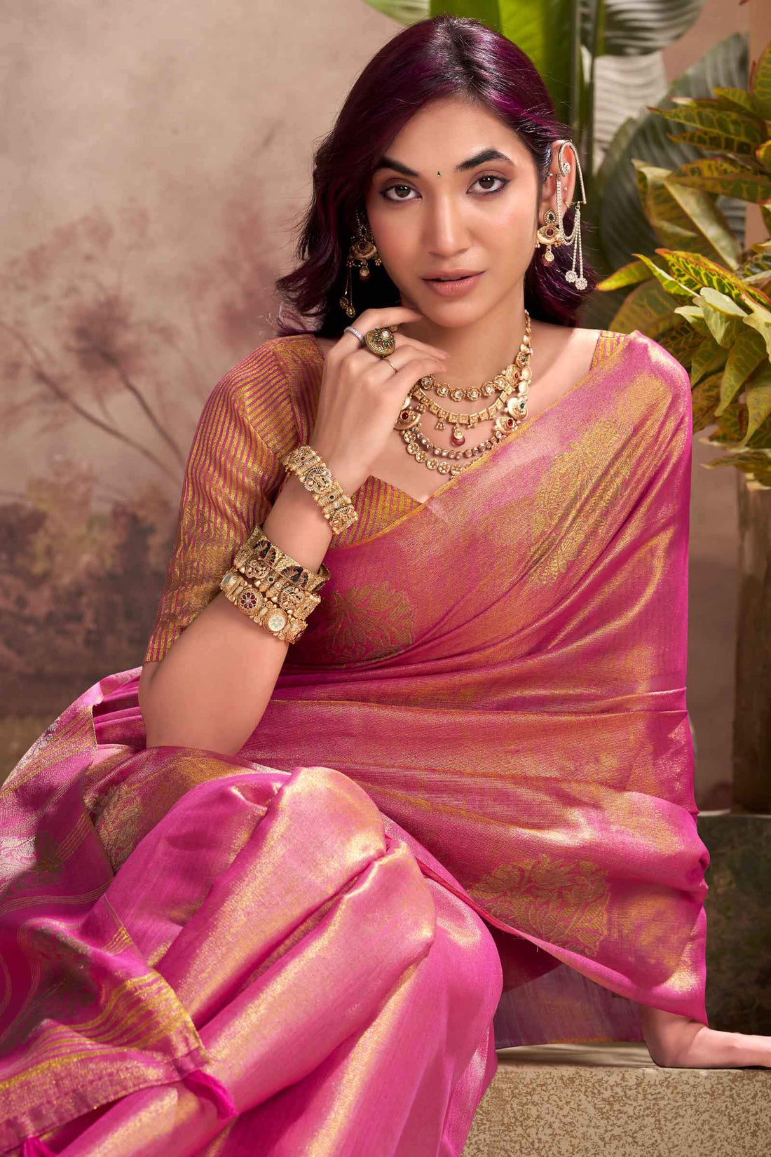 Bucolic Pink Soft Banarasi Tissue Silk Saree With Opulent Blouse Piece