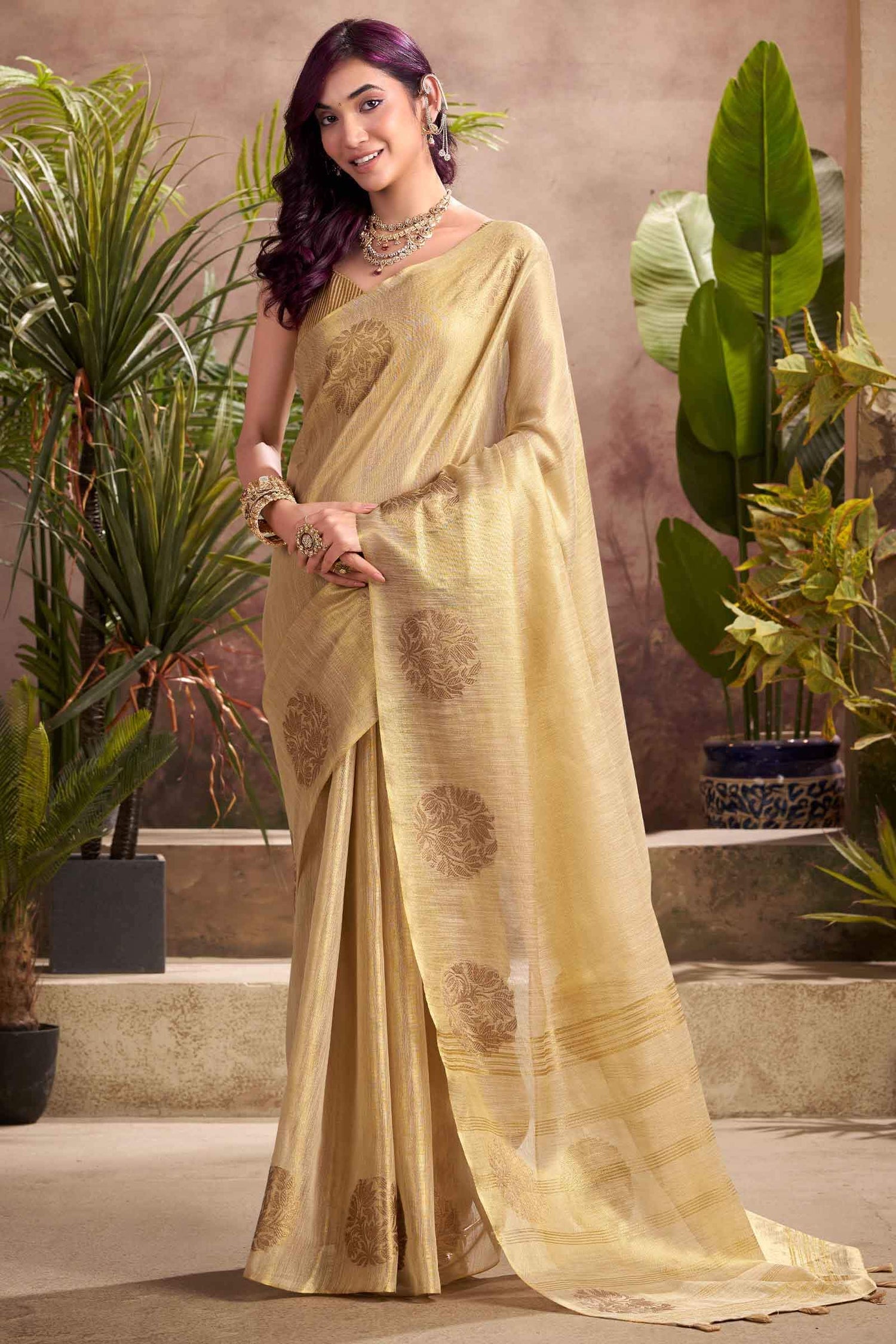 Propinquity Beige Soft Banarasi Tissue Silk Saree With Enchanting Blouse Piece