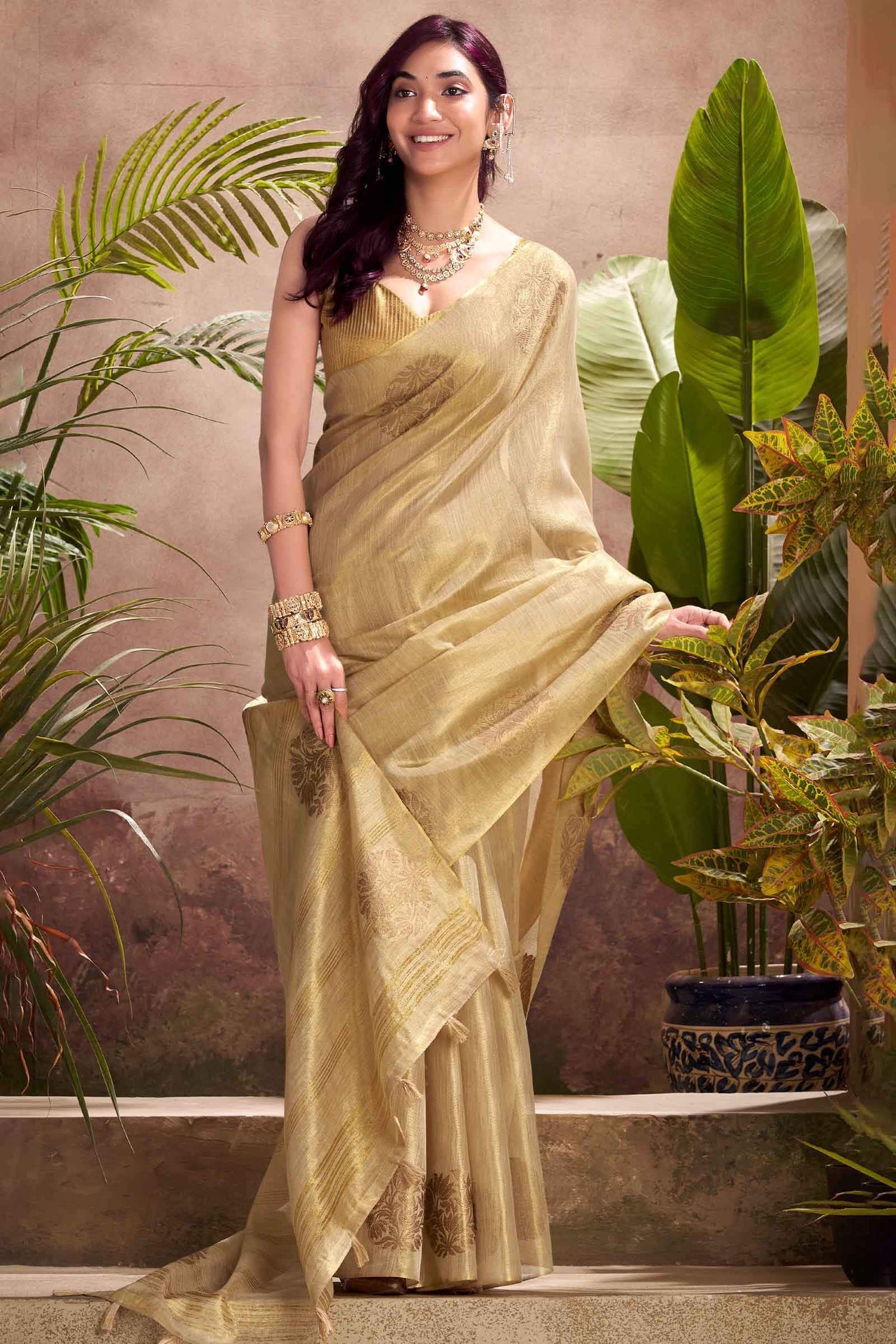 Propinquity Beige Soft Banarasi Tissue Silk Saree With Enchanting Blouse Piece