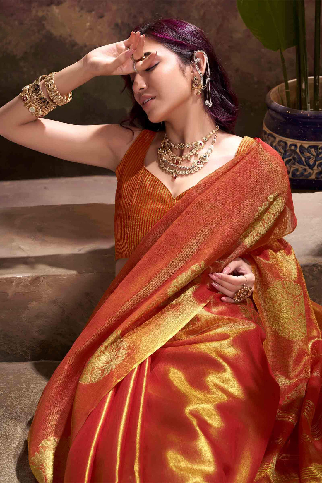 Engaging Orange Soft Banarasi Tissue Silk Saree With Ratatouille Blouse Piece