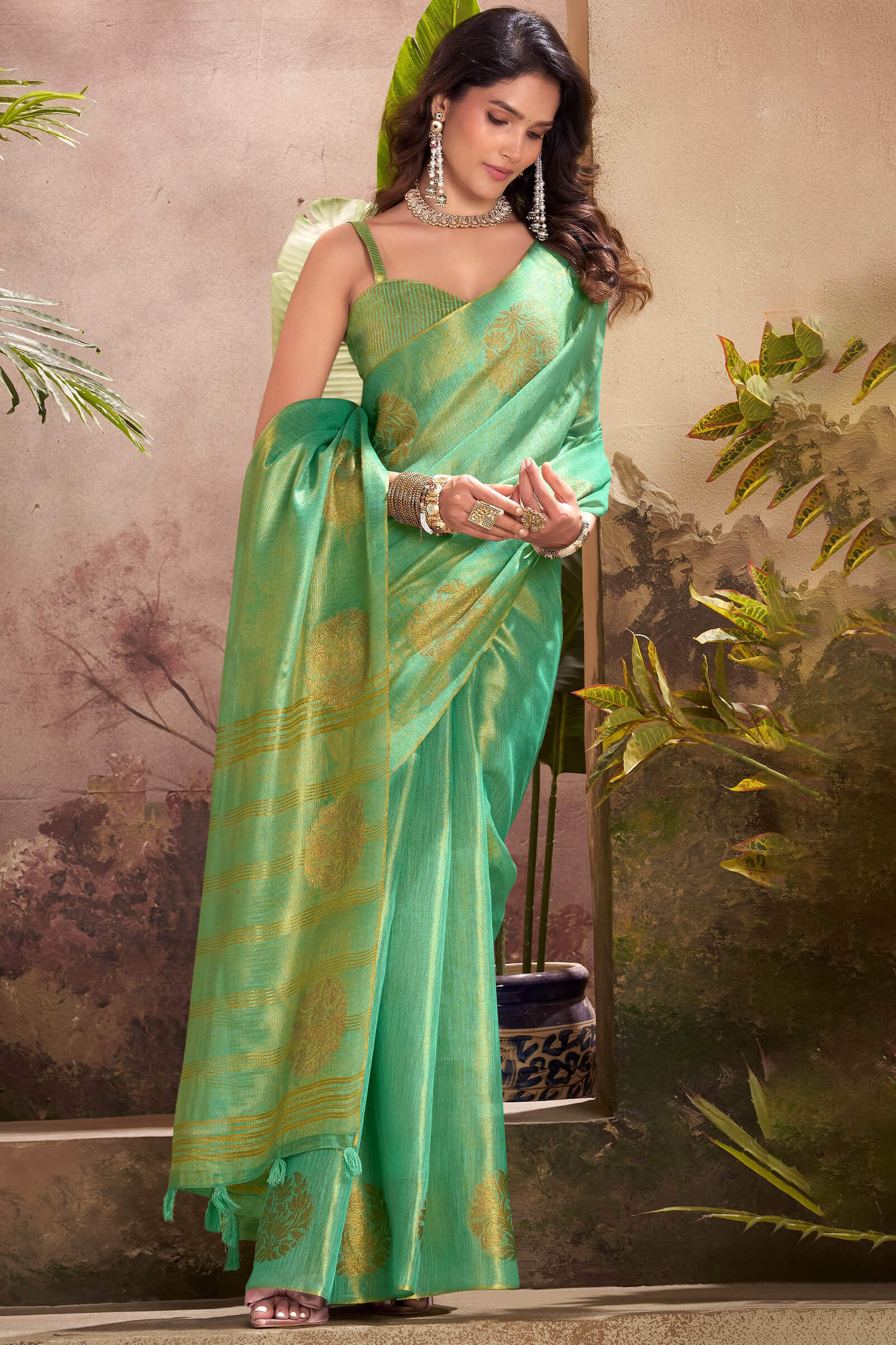 Classic Turquoise Soft Banarasi Tissue Silk Saree With Flameboyant Blouse Piece