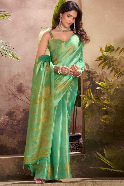 Classic Turquoise Soft Banarasi Tissue Silk Saree With Flameboyant Blouse Piece