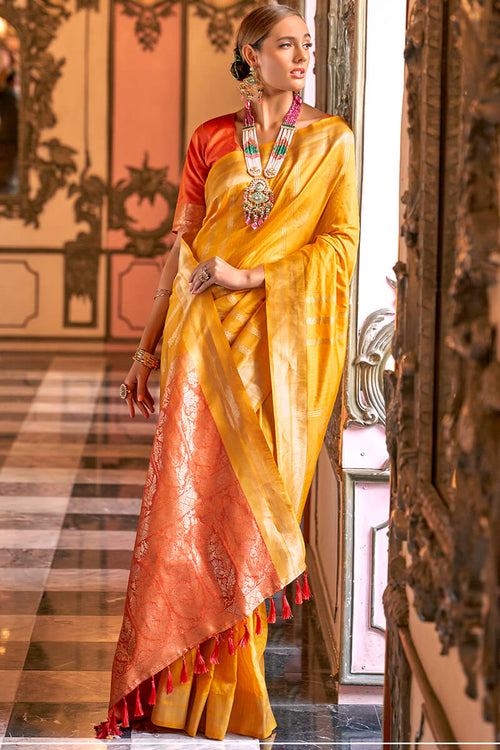 Load image into Gallery viewer, Diaphanous Yellow Soft Banarasi Silk Saree With Bewitching Blouse Piece
