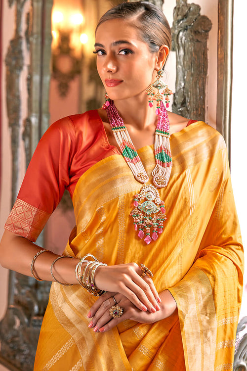 Load image into Gallery viewer, Diaphanous Yellow Soft Banarasi Silk Saree With Bewitching Blouse Piece
