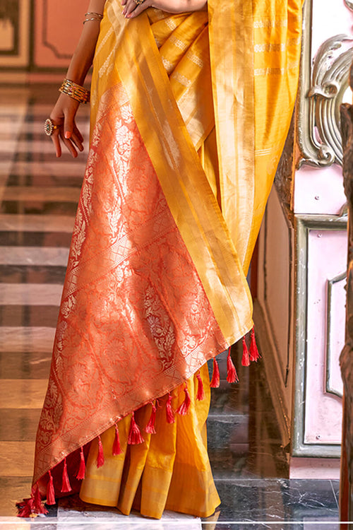 Load image into Gallery viewer, Diaphanous Yellow Soft Banarasi Silk Saree With Bewitching Blouse Piece
