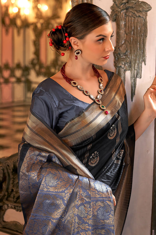 Load image into Gallery viewer, Twirling Black Soft Banarasi Silk Saree With Radiant Blouse Piece
