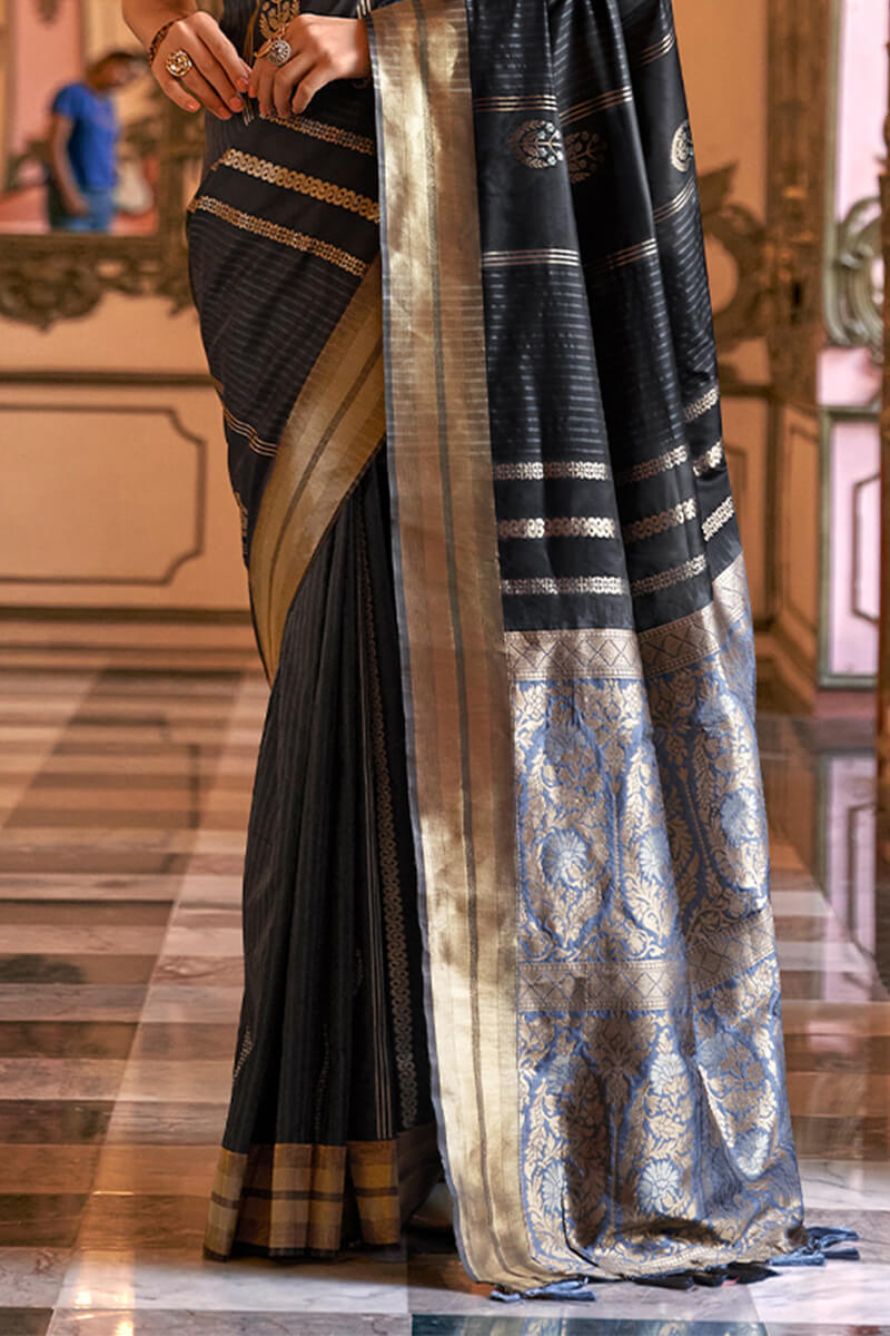 Twirling Black Soft Banarasi Silk Saree With Radiant Blouse Piece